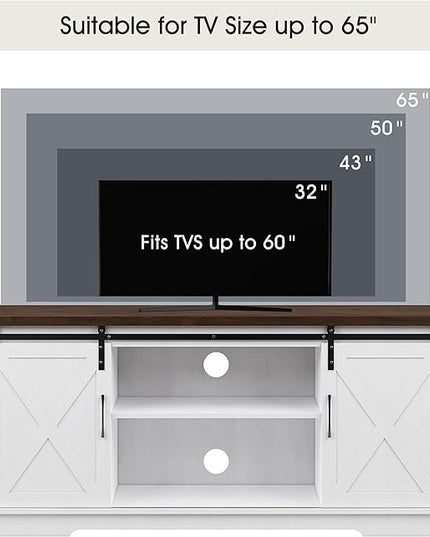 IDEALHOUSE Farmhouse TV Stand for 65 Inch TV, Entertainment Center with Storage and Sliding Barn Doors, Modern Media TV Console TV Stands for Living Room Bedroom (White) - LeafyLoom