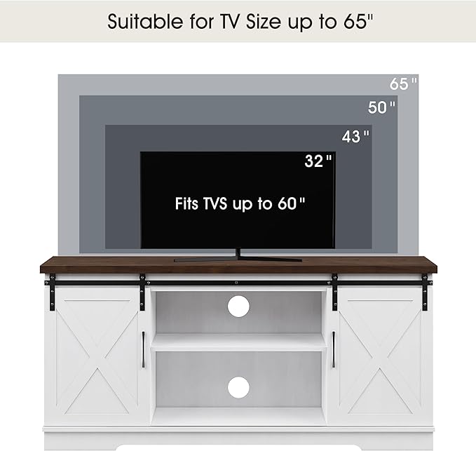 IDEALHOUSE Farmhouse TV Stand for 65 Inch TV, Entertainment Center with Storage and Sliding Barn Doors, Modern Media TV Console TV Stands for Living Room Bedroom (White) - LeafyLoom