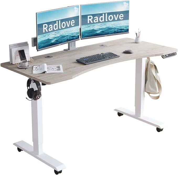 Radlove Electric Standing Desk, 55 x 30 Height Adjustable Computer Desk Sit Stand Desk Home Office Desks with Splice Board and A Under Desk Cable Management Tray (White Frame + Oak Top) - LeafyLoom