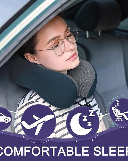 napfun Neck Pillow for Traveling, Upgraded Travel Neck Pillow for Airplane 100% Pure Memory Foam Travel Pillow for Flight Headrest Sleep, Portable Plane Accessories, Deep Blue Set, Medium (120-200LB) - LeafyLoom