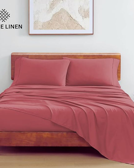 LANE LINEN 100% Organic Cotton Twin Bed Sheet Set, 3 Pc Twin Size Sheets Set, Soft & Breathable Twin Sheet Set Boys, Hotel Style Bedding Sheets & Pillowcases, 15" Deep Twin Fitted Sheet - Mineral Red - LeafyLoom