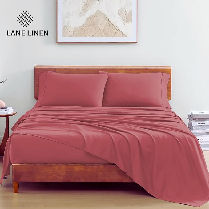 LANE LINEN 100% Organic Cotton Twin Bed Sheet Set, 3 Pc Twin Size Sheets Set, Soft & Breathable Twin Sheet Set Boys, Hotel Style Bedding Sheets & Pillowcases, 15" Deep Twin Fitted Sheet - Mineral Red - LeafyLoom