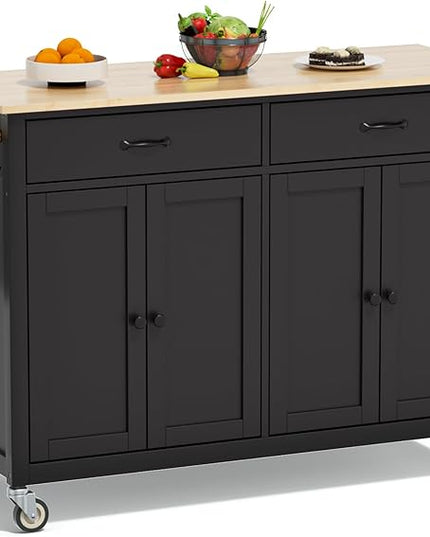 Rolling Kitchen Island with Storage Portable Kitchen Island On Wheels Black Large 54in Width Island with Storage Drawers Cabinet Spice Rack Towel Rack for Kitchen Dining Room - LeafyLoom