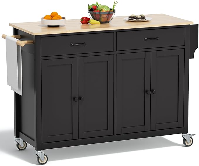 Rolling Kitchen Island with Storage Portable Kitchen Island On Wheels Black Large 54in Width Island with Storage Drawers Cabinet Spice Rack Towel Rack for Kitchen Dining Room - LeafyLoom