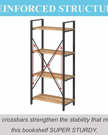 BON AUGURE Industrial 4 Tier Bookshelf, Modern Open Shelving Unit Book Shelves, Heavy Duty Etagere Bookcase, Wood Metal 4 Shelf Book Case for Office, Living Room and Bedroom (Vintage Oak) - LeafyLoom
