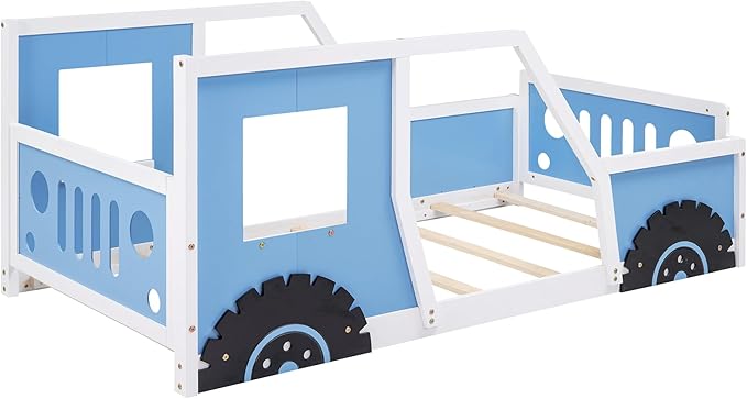 Twin Size Floor Bed for Kids, Race Car-Shaped Wooden Platform Montessori Bed Frame with Guardrail and Door for Boys Girls Child's Bedroom, Slats Included, No Spring Need (Blue) - LeafyLoom