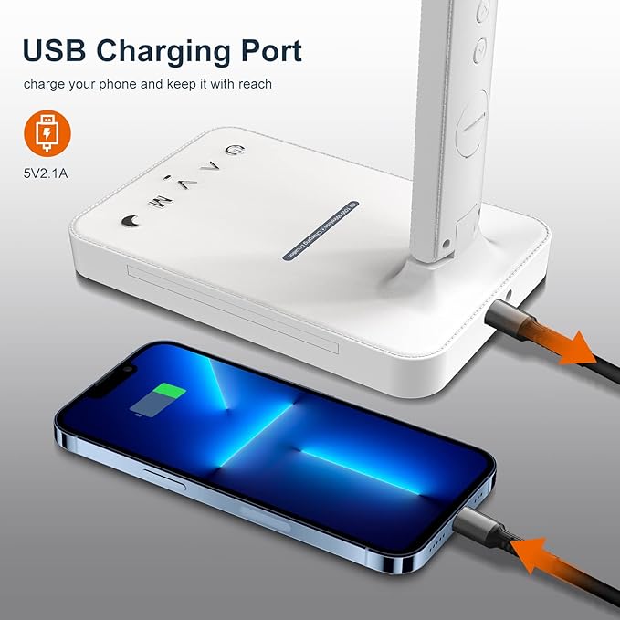 poukaran Desk Lamp, LED Desk Lamp with Wireless Charger, USB Charging Port, Table Lamp with Night Light, Desk Lights with Clock, Alarm, Date and Temperature, White - LeafyLoom