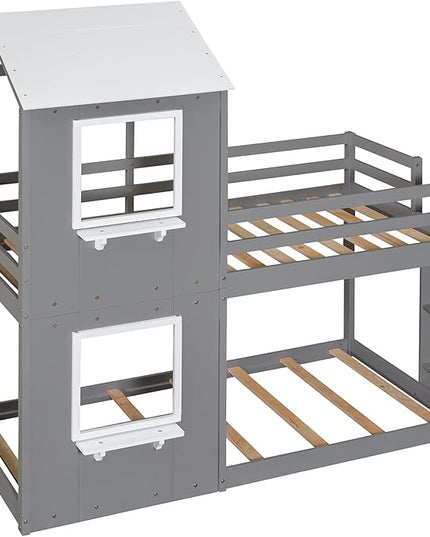 Twin Over Twin House Bed, Solid Wood Bunk Bed with Roof, Window, Guardrail and Ladder for Kids Teens Boys Girls, Ideal Bedroom Furniture, Gray - LeafyLoom