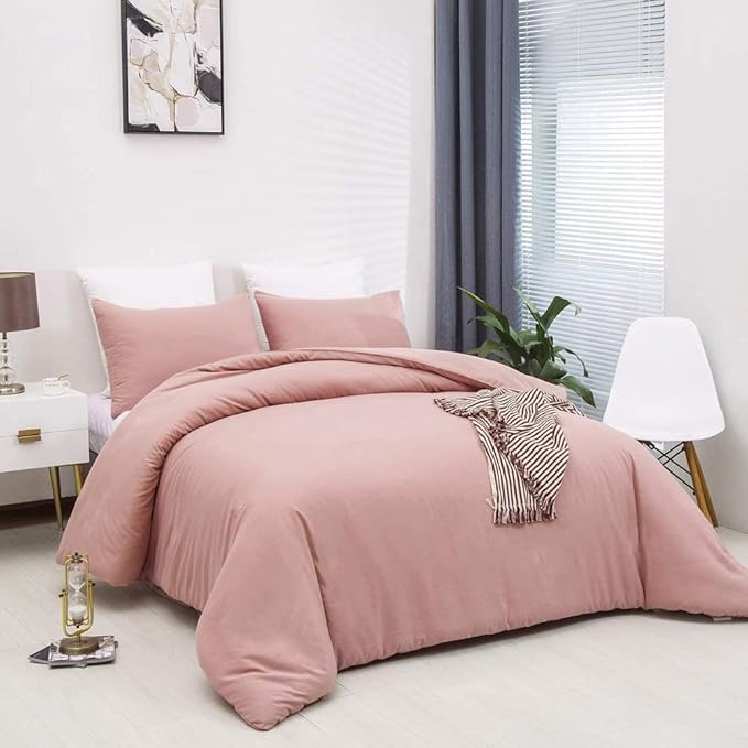 Queen Blush Pink Cotton Comforter Set, 3 PCS Breathable Bedding with 2 Pillowcases, Fade-Resistant, Lightweight, Durable, Ideal for Gift - LeafyLoom