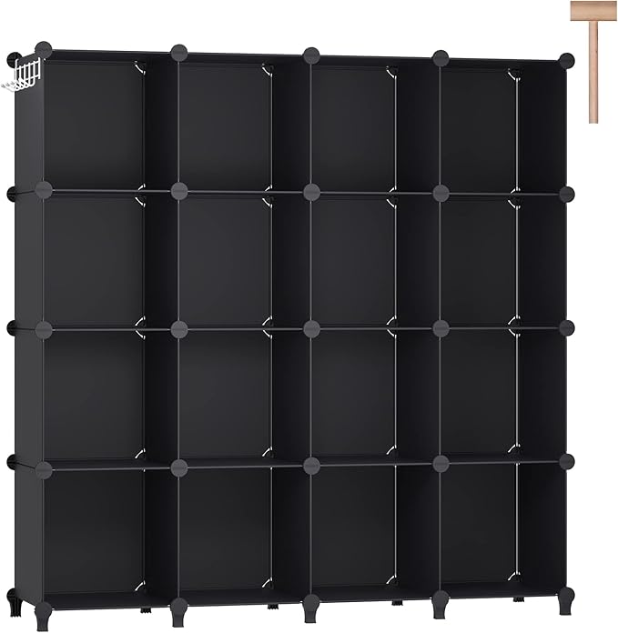 16 Cubes Storage Organizer, Bookcase, Display Shelf with Wooden Mallet, Cabinet Storage for Kids, Adult, Office, Bedroom, Bathroom, Black - LeafyLoom