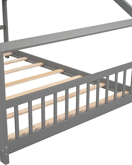 Montessori Floor Bed Frame Full Size, Full Floor Bed Frame with Headboard, Footboard and Slats, Wood Montessori Bed Frame/Montessori House Bed for Kids, Girls, Boys(Gray) - LeafyLoom