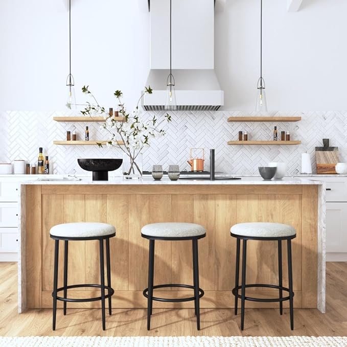 HomePop Upholstered Metal Barstool, Fabric Side Chairs for Dining Room, Kitchen and Living Room - Sustainable Gray Woven - LeafyLoom