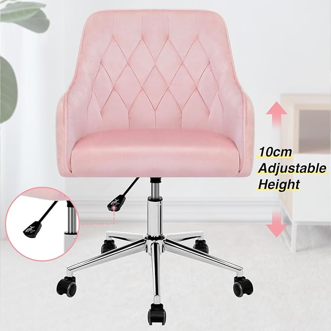 Velvet Desk Chair Vanity Chair for Makeup with Wheels and Back Home Office Chair Adjustable Rolling Swivel Chair for Bedroom Vanity Room Pink - LeafyLoom
