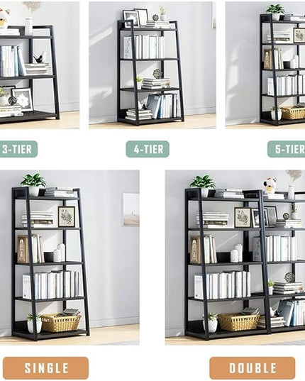 IOTXY 5 Tier Open Bookshelf - Steel and Wood Display Stand, 50CM Width Floor-Standing Bookcase, Black - LeafyLoom