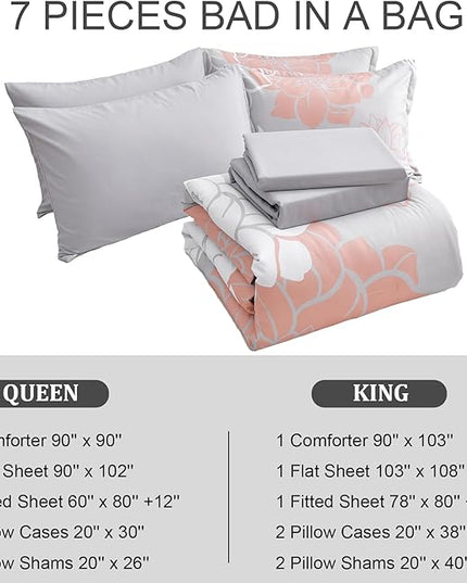 Floral Comforter Set Queen 7 Piece Bed in a Bag Coral Flower Comforter with Sheet Set Soft Micorfiber Bedding Set (1 Comforter,2 Pillow Shams,1 Flat Sheet,1 Fitted Sheet,2 Pillowcases) - LeafyLoom