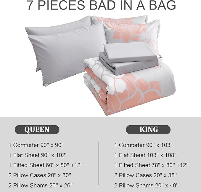 Floral Comforter Set King 7 Piece Bed in a Bag Coral Flower Comforter with Sheet Set Soft Micorfiber Bedding Set (1 Comforter,2 Pillow Shams,1 Flat Sheet,1 Fitted Sheet,2 Pillowcases) - LeafyLoom