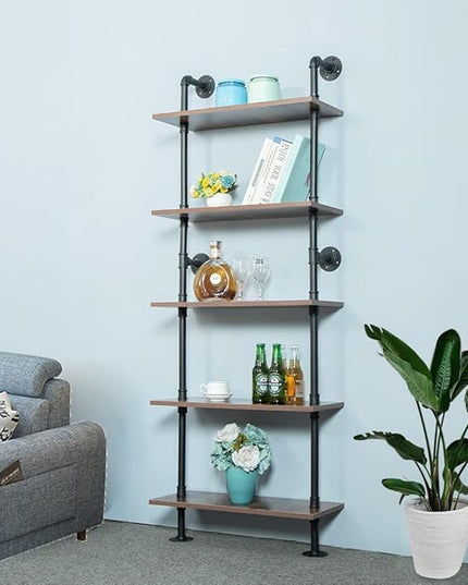 5 Shelf Industrial Pipe Shelving, Black Modern Bookcase Bookshelf, Wall Mount Ladder Shelf with Metal Frame Display Selves - LeafyLoom