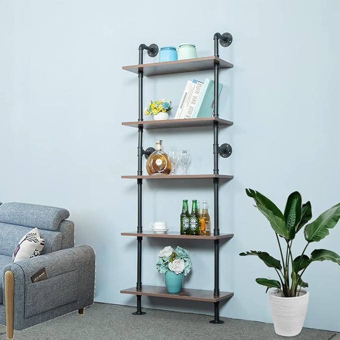 5 Shelf Industrial Pipe Shelving, Black Modern Bookcase Bookshelf, Wall Mount Ladder Shelf with Metal Frame Display Selves - LeafyLoom