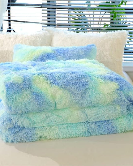 Faux Fur Kids Girls Green Rainbow Comforter Sets King - 3PC Bed Set Warm Comfortable Soft Plush Flannel Velvet Fluffy Fuzzy Bedding（Comforter x 1 Pillowcases x 2） - LeafyLoom
