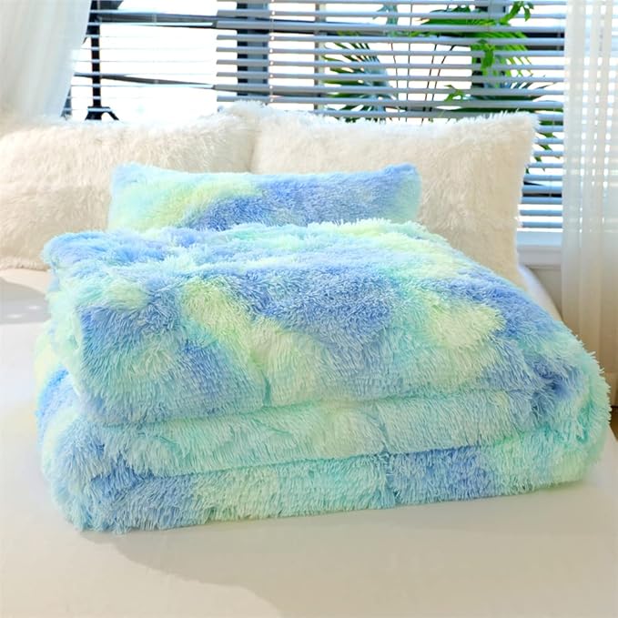 Faux Fur Kids Girls Green Rainbow Comforter Sets King - 3PC Bed Set Warm Comfortable Soft Plush Flannel Velvet Fluffy Fuzzy Bedding（Comforter x 1 Pillowcases x 2） - LeafyLoom