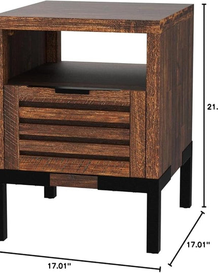 Bme Solid Acacia Wood Nightstand with Drawers & Open Shelf, Pre-Assembled Industrial Modern Living Room, Bedroom, Millie Rustic Side Table, Nighstand Rustic Chesnut - LeafyLoom
