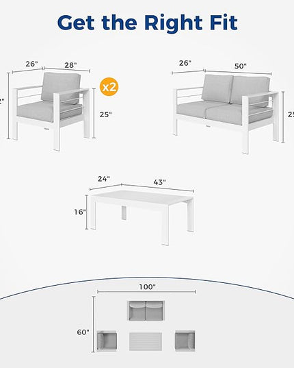 Wisteria Lane Outdoor Patio Furniture Set, 4 Pieces Aluminum Sectional Sofa, Metal Patio Conversation Set with Loveseat, 5 Inch Light Grey Cushion and Coffee Table (White & Light Grey) - LeafyLoom