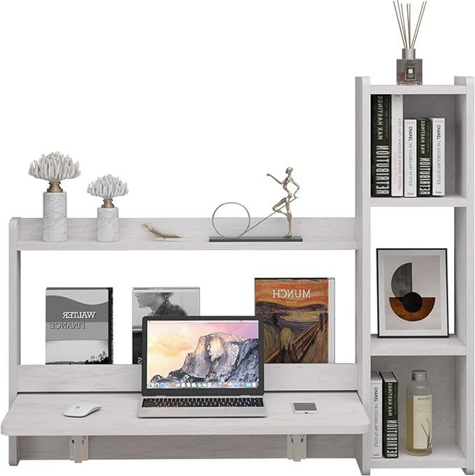Pmnianhua Floating Desk,41'' Wall Mounted Desk Fold Down Laptop Desk Folding Space Saving Table Workstation with Storage Shelves for Bedroom Study Room Small Space (Off White-Right) - LeafyLoom