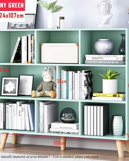 IOTXY Wooden Open Shelf Bookcase - 3-Tier Floor Standing Display Cabinet Rack with Legs, 8 Cubes Bookshelf, Tiffany-Green - LeafyLoom