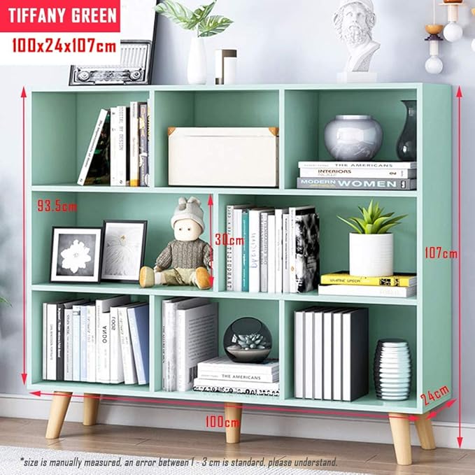IOTXY Wooden Open Shelf Bookcase - 3-Tier Floor Standing Display Cabinet Rack with Legs, 8 Cubes Bookshelf, Tiffany-Green - LeafyLoom