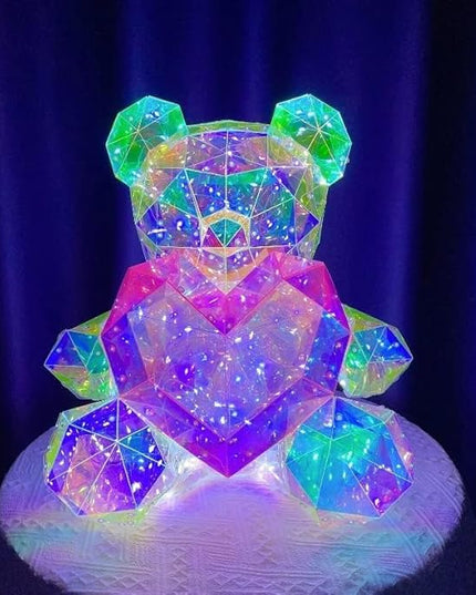 Gorgeous Shining LED Teddy Bear Holding a Pink Heart, Forever Gifts for Her Valentine's Day Anniversary and Birthday 10 inch Mood Lighting Galaxy Lamp - w/Clear Gift Box - LeafyLoom