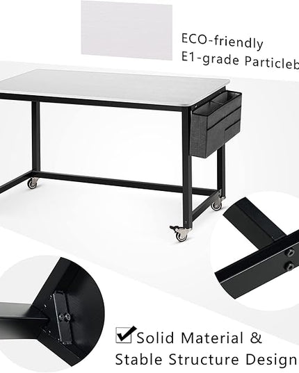 AHB 55" Rolling Computer Desk with 4 Smooth Wheels, Simple Style Mobile Writing Desk Home Office Study Table Movable Workstation with Metal Frame - LeafyLoom