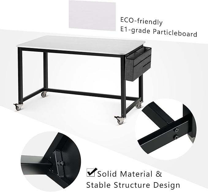 AHB 55" Rolling Computer Desk with 4 Smooth Wheels, Simple Style Mobile Writing Desk Home Office Study Table Movable Workstation with Metal Frame - LeafyLoom