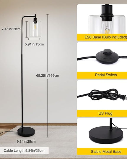 Industrial Floor Lamp, Dimmable Modern Standing Lamp with Clear Glass Shade, Black Tall Lamp with Remote & Foot Control, LED Bright Corner Lamp with 6W Bulb for Living Room Bedroom Office… - LeafyLoom