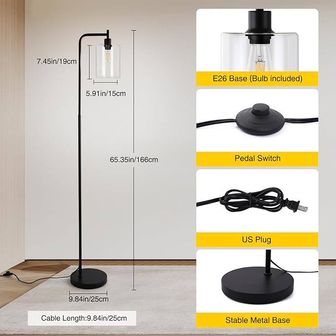Industrial Floor Lamp, Dimmable Modern Standing Lamp with Clear Glass Shade, Black Tall Lamp with Remote & Foot Control, LED Bright Corner Lamp with 6W Bulb for Living Room Bedroom Office… - LeafyLoom