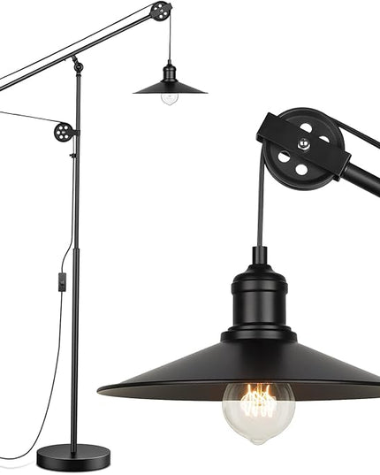 Adjustable Industrial Floor Lamps for Living Room - Rustic Reading Lamp with Pulley System, Modern Farmhouse Indoor Pole Task Lamp, Vintage Tall Standing Lamp for Bedroom Office, Blackened Bronze - LeafyLoom