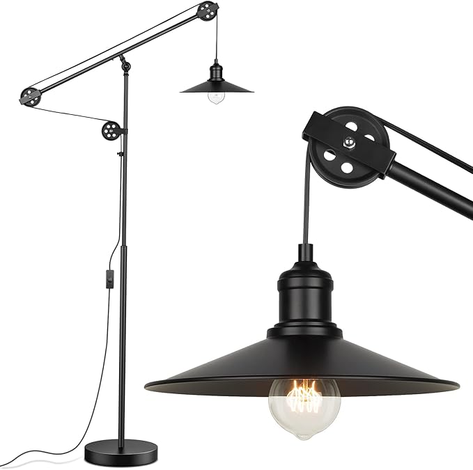 Adjustable Industrial Floor Lamps for Living Room - Rustic Reading Lamp with Pulley System, Modern Farmhouse Indoor Pole Task Lamp, Vintage Tall Standing Lamp for Bedroom Office, Blackened Bronze - LeafyLoom