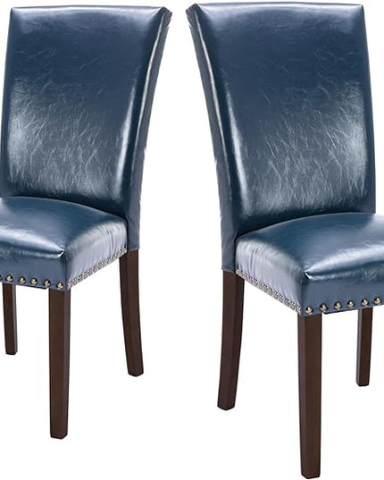 COLAMY Upholstered Parsons Dining Chairs Set of 2, PU Leather Dining Room Kitchen Side Chair with Nailhead Trim and Wood Legs - Blue - LeafyLoom