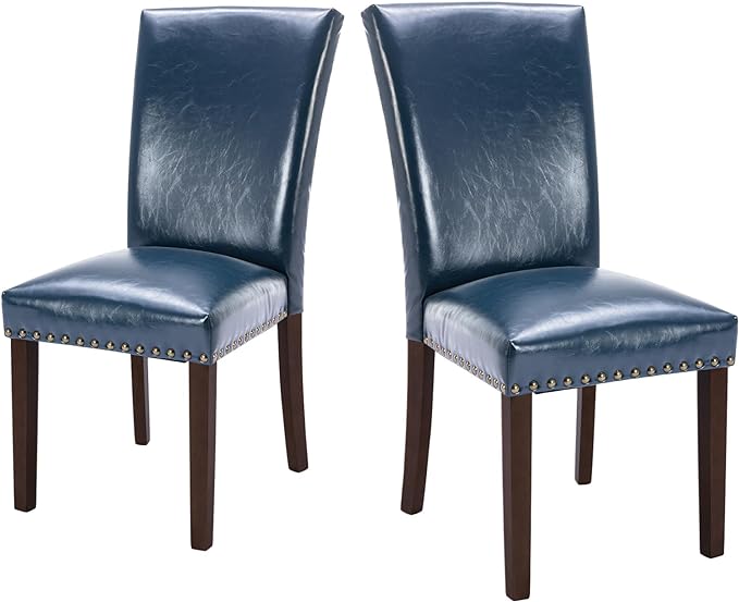 COLAMY Upholstered Parsons Dining Chairs Set of 2, PU Leather Dining Room Kitchen Side Chair with Nailhead Trim and Wood Legs - Blue - LeafyLoom