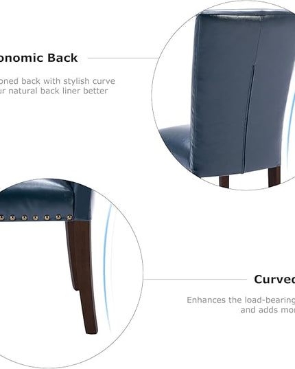 COLAMY Upholstered Parsons Dining Chairs Set of 2, PU Leather Dining Room Kitchen Side Chair with Nailhead Trim and Wood Legs - Blue - LeafyLoom