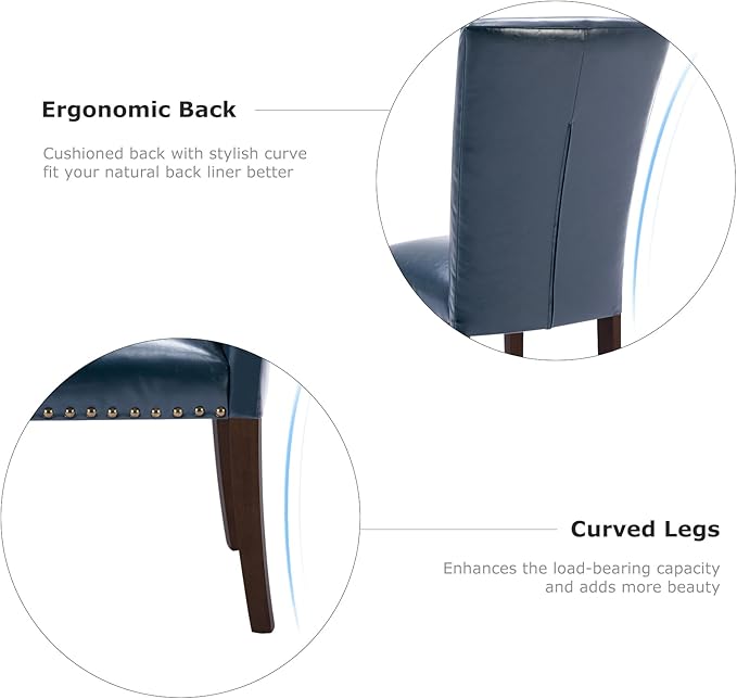 COLAMY Upholstered Parsons Dining Chairs Set of 4, PU Leather Dining Room Kitchen Side Chair with Nailhead Trim and Wood Legs - Blue - LeafyLoom