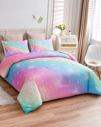 Holawakaka Girls Ombre Glitter Comforter Set, Full Size Gradient Rainbow Galaxy Print Kids Bedding Sets, Multi-color Ultra-soft Dorm Bed Set (Pink Green, Full) - LeafyLoom