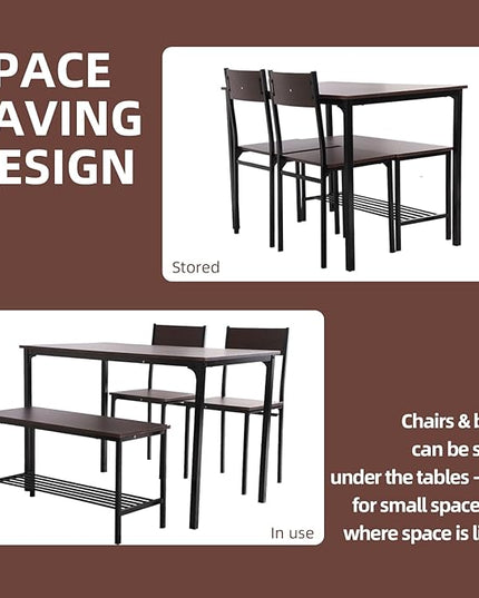 Dining Table Set for 4 Person - Wooden Kitchen Table Chairs Set Modern Dining Table with 2 Chairs and Bench with Storage, PVC Wood Grain Waterproof for Apartments, Restaurants - LeafyLoom