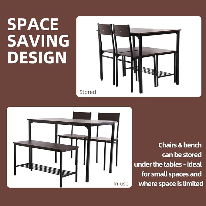 Dining Table Set for 4 Person - Wooden Kitchen Table Chairs Set Modern Dining Table with 2 Chairs and Bench with Storage, PVC Wood Grain Waterproof for Apartments, Restaurants - LeafyLoom