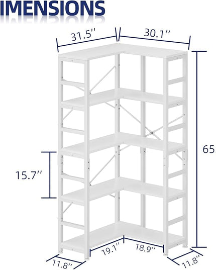 NUMENN 5 Tier Corner Bookshelf, Modern Corner Bookcase, Large Open Shelf Bookcase, Tall Bookshelves Storage Display Rack for Bedroom, Living Room and Home Office, White - LeafyLoom