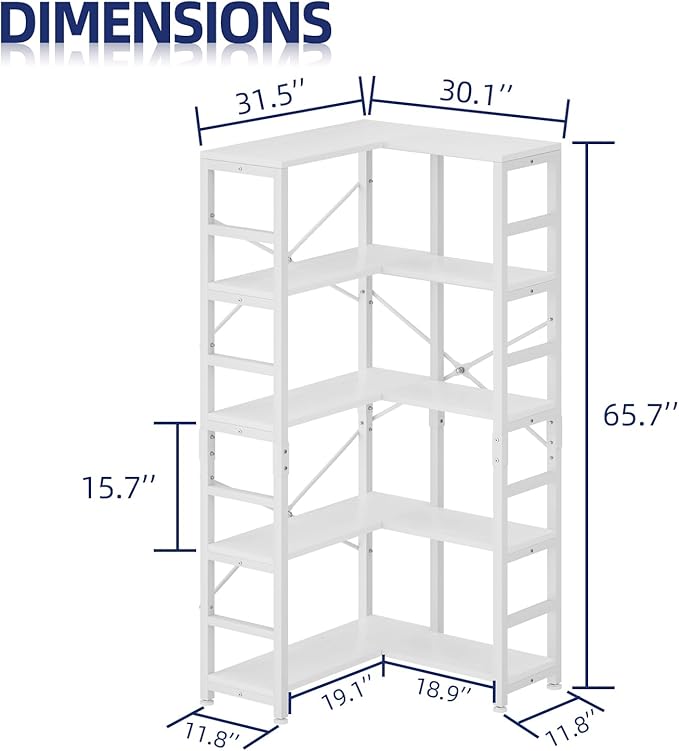 NUMENN 5 Tier Corner Bookshelf, Modern Corner Bookcase, Large Open Shelf Bookcase, Tall Bookshelves Storage Display Rack for Bedroom, Living Room and Home Office, White - LeafyLoom