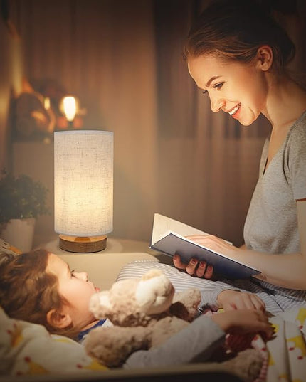 Small Bedside Night Table Lamp for Bedroom, Minimalist Nightstand Lamp with Round Fabric Linen Shade, Study Reading Desk Lamp for Kids Room, Living Room, College Dorm, Home, Office - LeafyLoom