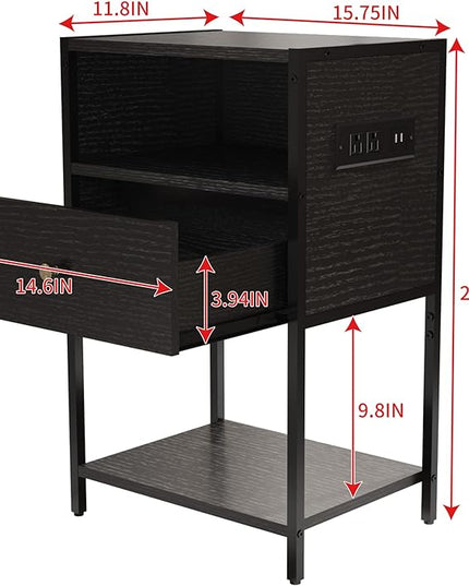LDTTCUK Nightstand Set of 2 with Charging Station, Modern End Table with Drawer, Bedside Table with Open Storage for Bedroom,Black - LeafyLoom