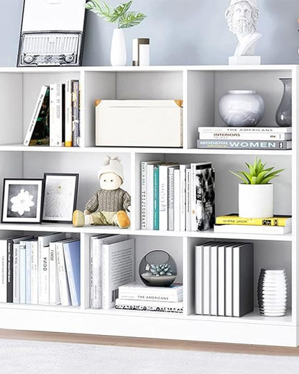 IOTXY Open Shelf Low Bookcase - Wooden 3-Tier Floor Standing Display Cabinet Organizer with Base, 8 Cubes Short Horizontal Bookshelf in Warm White - LeafyLoom
