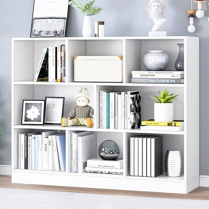 IOTXY Open Shelf Low Bookcase - Wooden 3-Tier Floor Standing Display Cabinet Organizer with Base, 8 Cubes Short Horizontal Bookshelf in Warm White - LeafyLoom