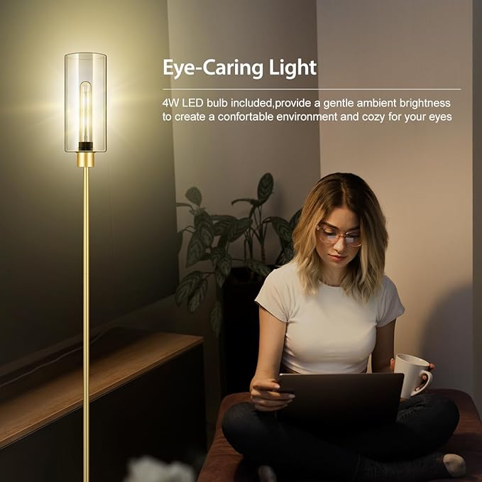 BoostArea Floor Lamp for Living Room, Gold Modern Standing Lamp Stand Up Lamp with Glass Lampshade, Simple Design Floor Lamp Pole Lamp Tall Lamps for Bedroom, Living Room, Office, Kids Room, Reading - LeafyLoom